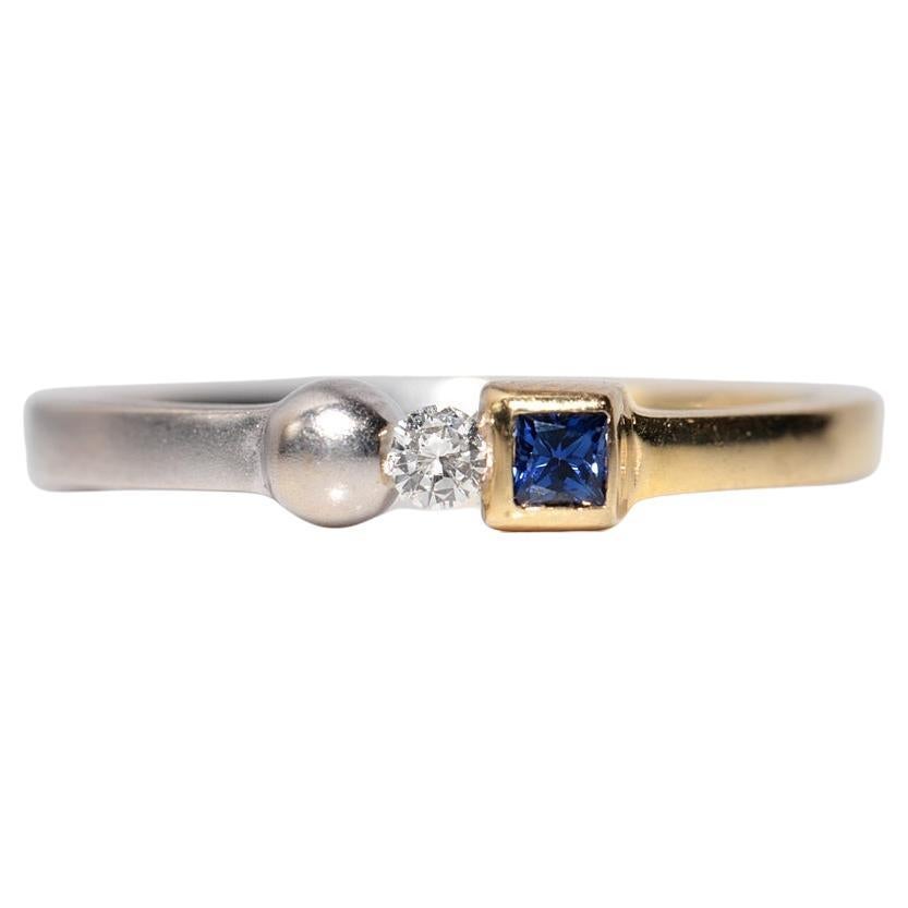Vintage Circa 1990s 18k Gold Natural Diamond And Square Cut Sapphire Band Ring