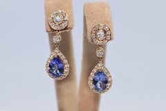 Vintage Circa 1990s 18k Gold Natural Diamond And Tanzanite Drop Earring