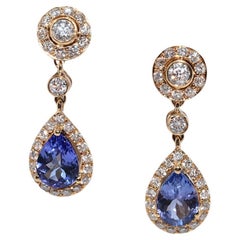 Vintage Circa 1990s 18k Gold Natural Diamond And Tanzanite Drop Earring