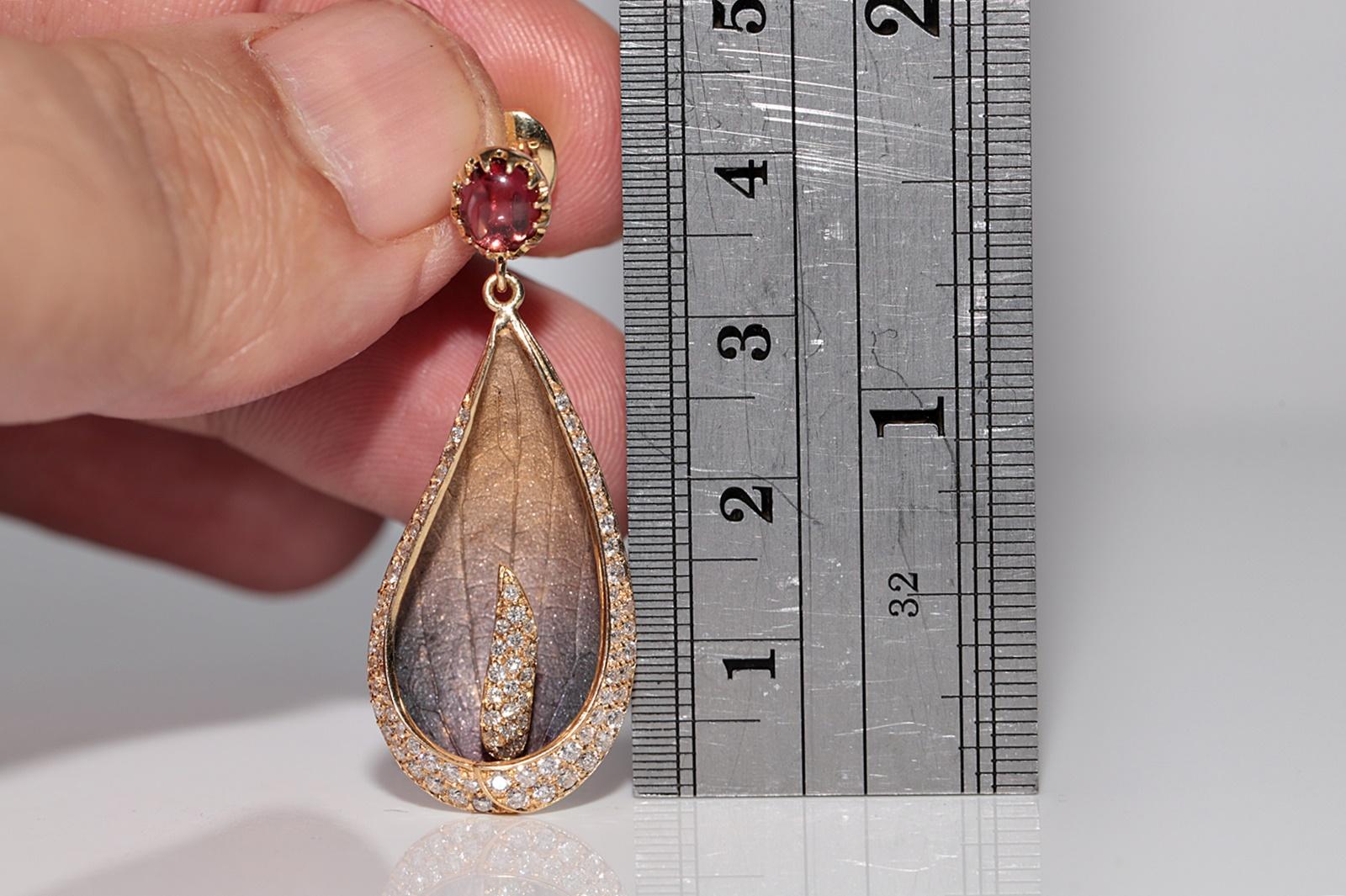Vintage Circa 1990s 18k Gold Natural Diamond And Tourmaline Leaf Earring For Sale 4