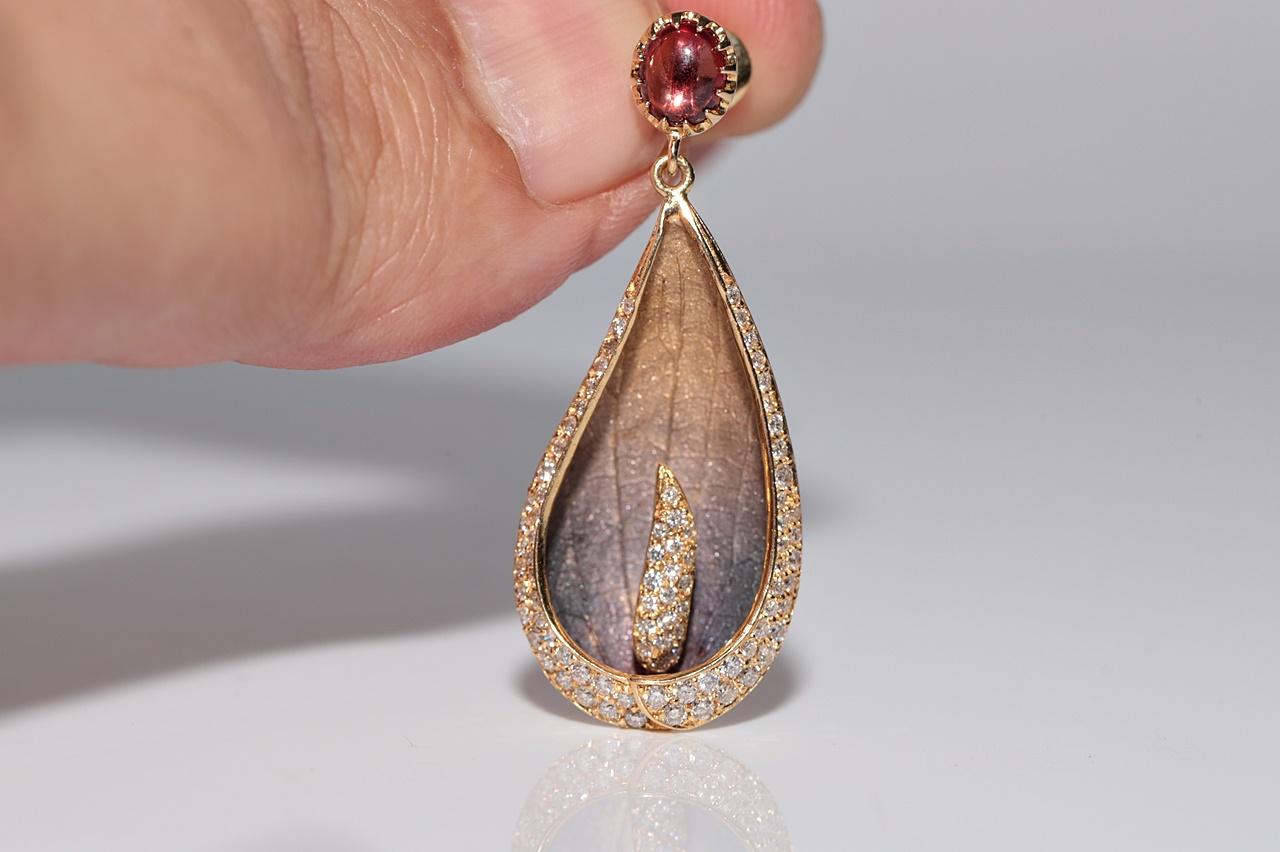 Vintage Circa 1990s 18k Gold Natural Diamond And Tourmaline Leaf Earring For Sale 5