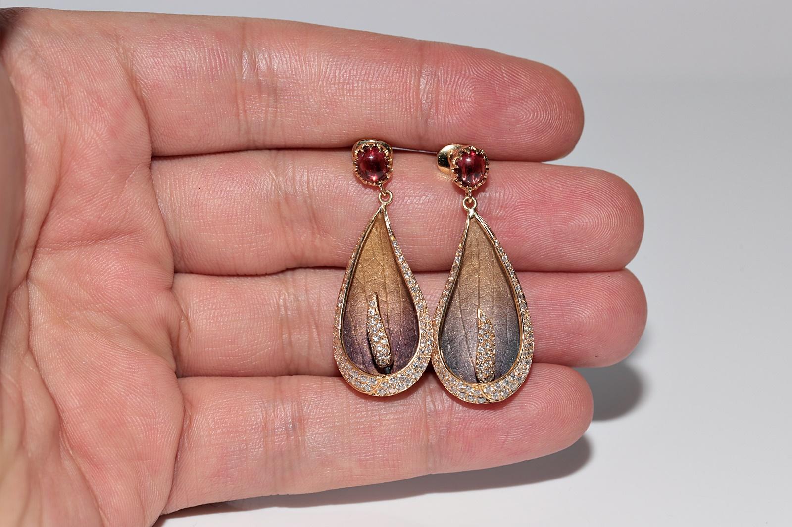 Vintage Circa 1990s 18k Gold Natural Diamond And Tourmaline Leaf Earring For Sale 14