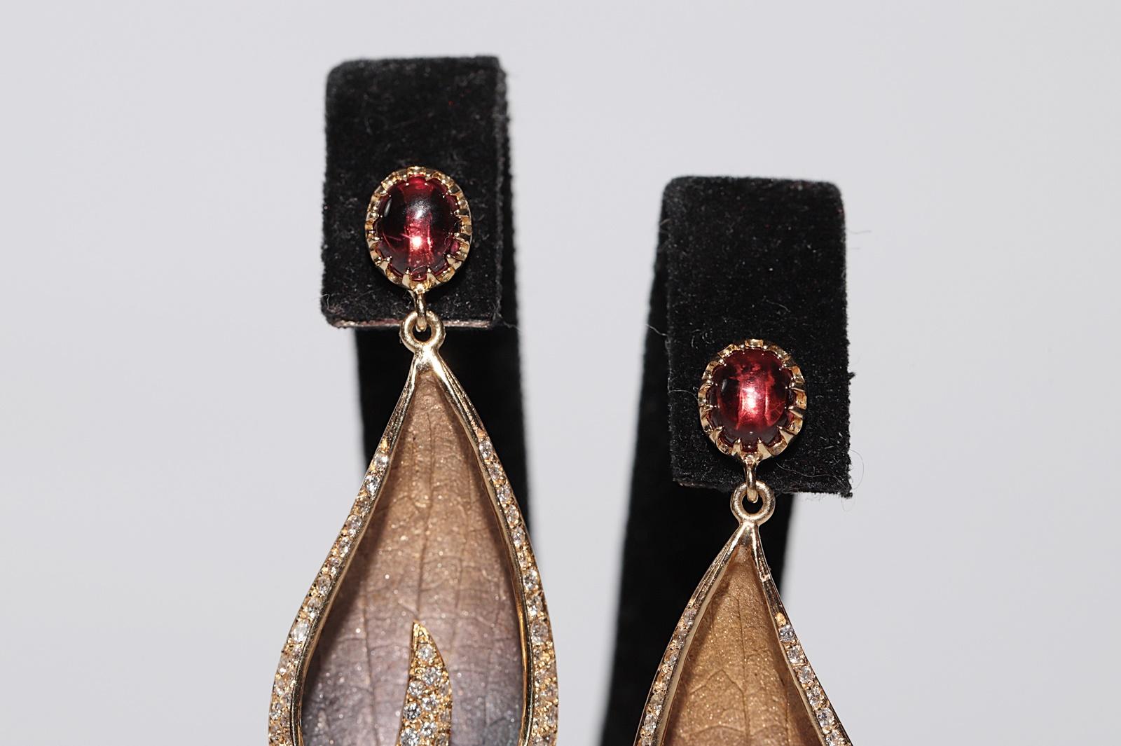 Vintage Circa 1990s 18k Gold Natural Diamond And Tourmaline Leaf Earring For Sale 1