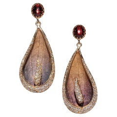 Vintage Circa 1990s 18k Gold Natural Diamond And Tourmaline Leaf Earring