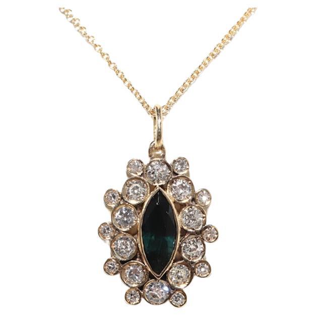 Vintage Circa 1990s 18k Gold Natural Diamond And Tourmaline Pendant Necklace