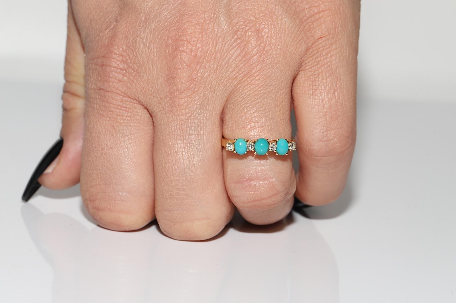 Vintage Circa 1990s 18k Gold Natural Diamond And Turquoise Decorated Band Ring  For Sale 5