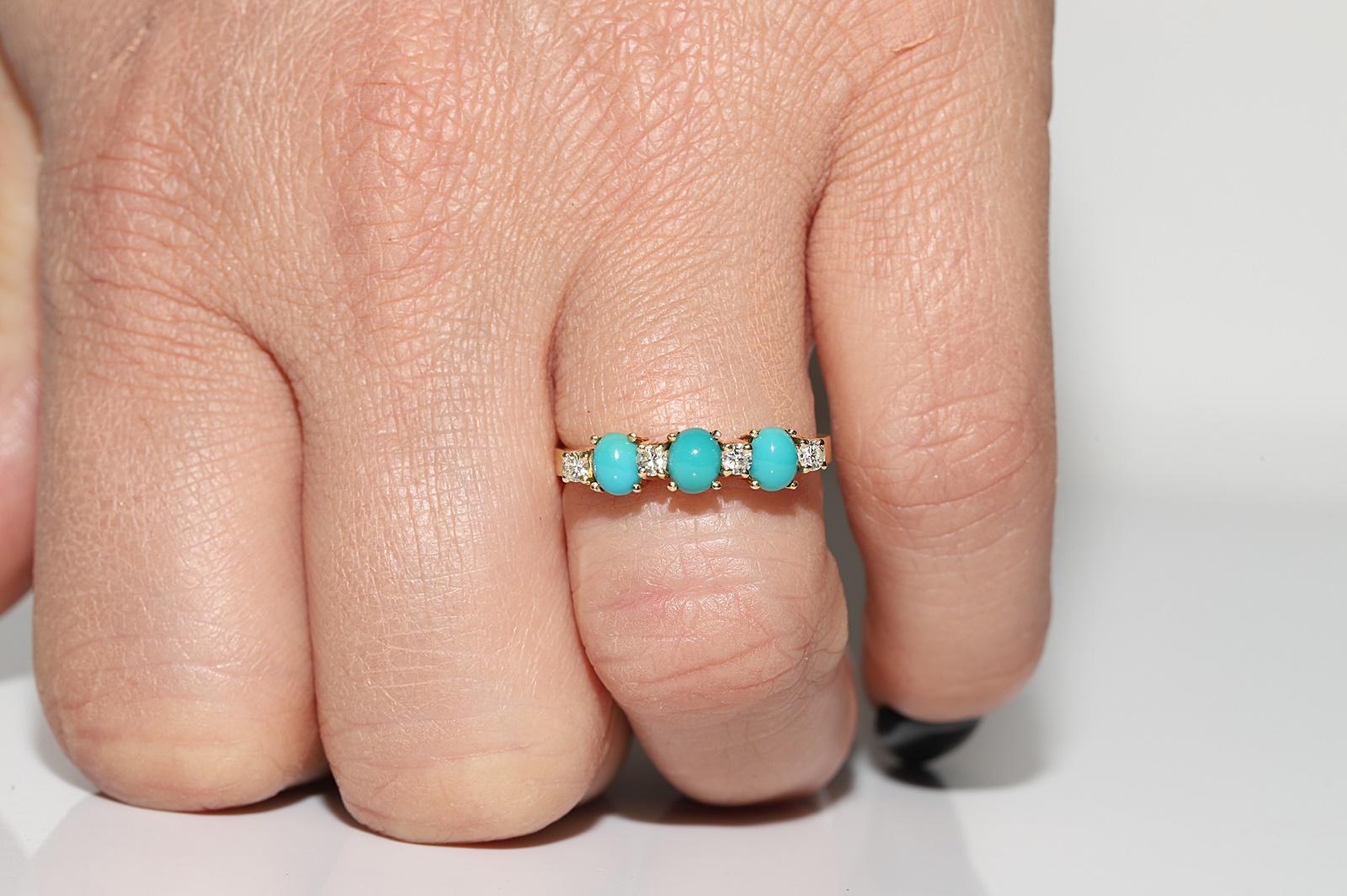 Vintage Circa 1990s 18k Gold Natural Diamond And Turquoise Decorated Band Ring  For Sale 6