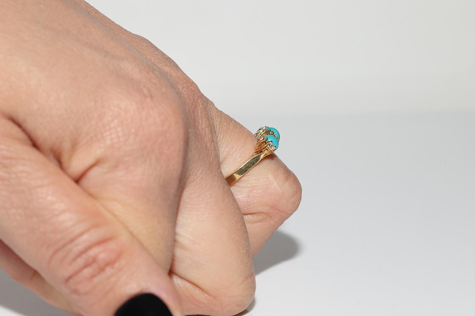 Vintage Circa 1990s 18k Gold Natural Diamond And Turquoise Decorated Band Ring  For Sale 7