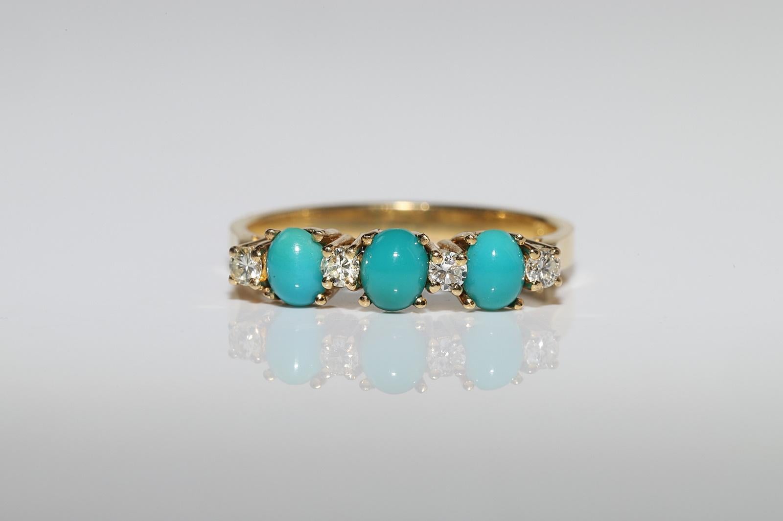 Retro Vintage Circa 1990s 18k Gold Natural Diamond And Turquoise Decorated Band Ring  For Sale
