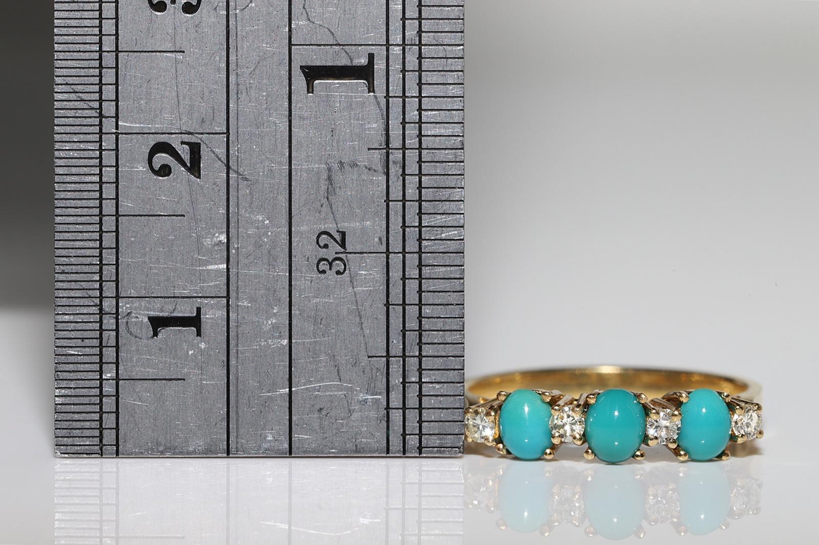 Brilliant Cut Vintage Circa 1990s 18k Gold Natural Diamond And Turquoise Decorated Band Ring  For Sale