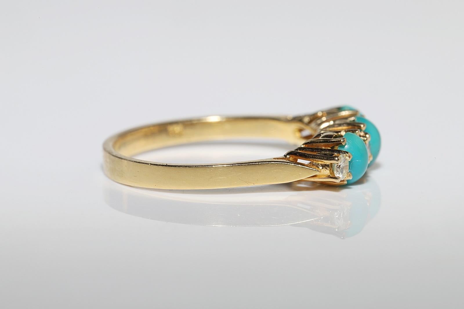 Vintage Circa 1990s 18k Gold Natural Diamond And Turquoise Decorated Band Ring  In Good Condition For Sale In Fatih/İstanbul, 34