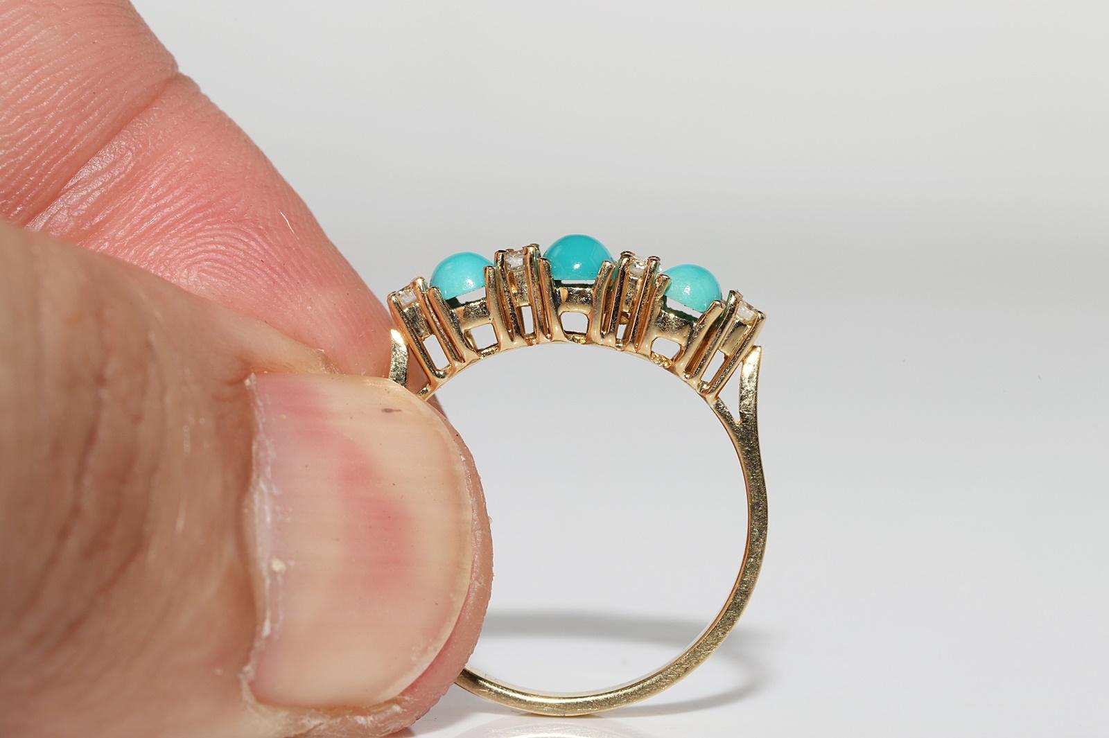 Women's Vintage Circa 1990s 18k Gold Natural Diamond And Turquoise Decorated Band Ring  For Sale