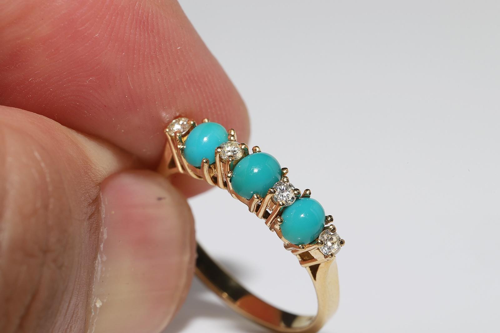 Vintage Circa 1990s 18k Gold Natural Diamond And Turquoise Decorated Band Ring  For Sale 1
