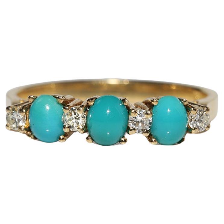 Vintage Circa 1990s 18k Gold Natural Diamond And Turquoise Decorated Band Ring  For Sale