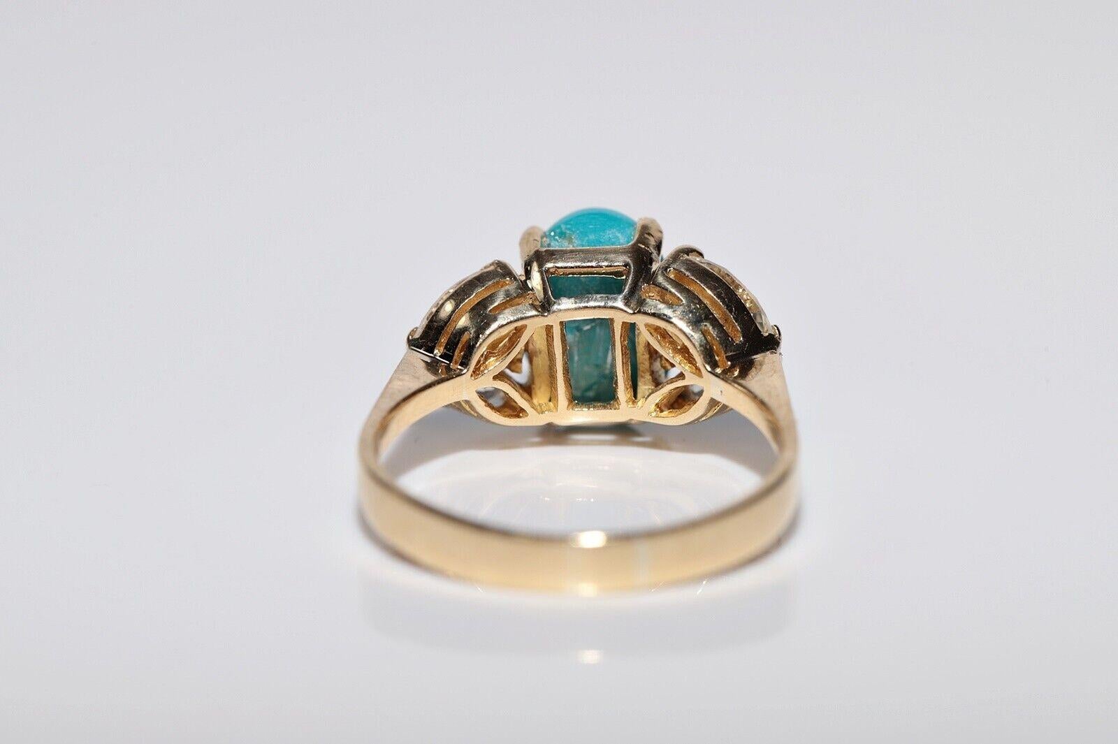 Vintage Circa 1990er Jahre 18k Gold Natürlicher Diamant und Türkis Dekorierter Ring Damen im Angebot