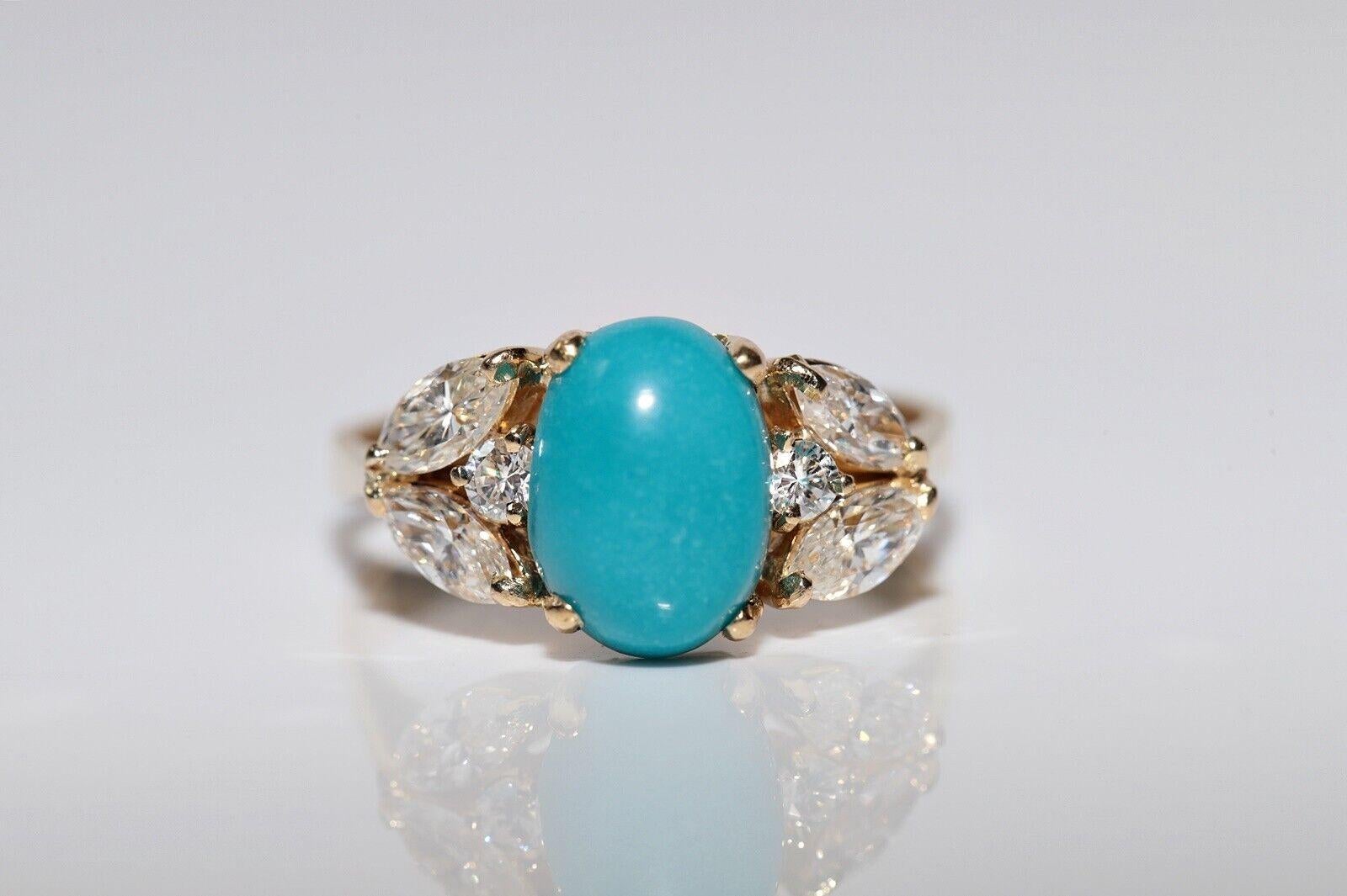 Anello decorato con diamanti naturali e turchesi in oro 18k, vintage, circa anni '90