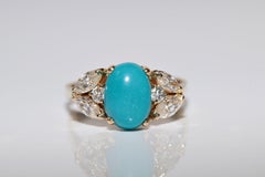 Vintage Circa 1990s 18k Gold Natural Diamond And Turquoise Decorated Ring