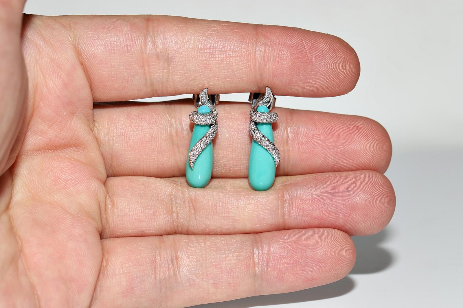 Vintage Circa 1990s 18k Gold Natural Diamond And Turquoise Drop Earring For Sale 5