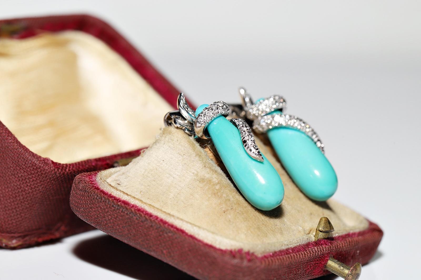 Retro Vintage Circa 1990s 18k Gold Natural Diamond And Turquoise Drop Earring For Sale