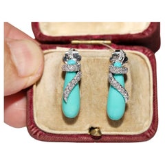 Retro Circa 1990s 18k Gold Natural Diamond And Turquoise Drop Earring