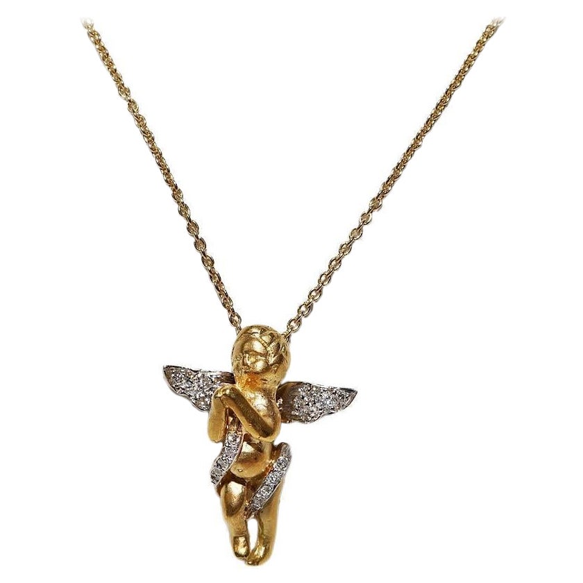 Vintage des années 1990 en or 18 carats avec diamant naturel Collier à pendentif bébé ange
