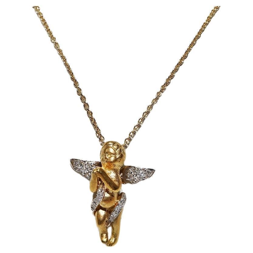 Vintage Circa 1990s 18k Gold Natural Diamond  Angel Baby Pendant Necklace