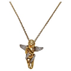 Vintage Circa 1990s 18k Gold Natural Diamond  Angel Baby Pendant Necklace