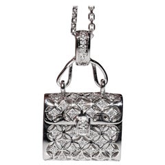 Collana con ciondolo a forma di borsa con diamanti naturali in oro 18 carati, vintage, degli anni '90 circa