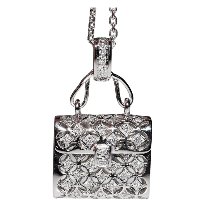 Vintage Circa 1990 Or 18k Diamant Naturel Collier Pendentif Style Sac