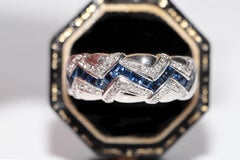 Vintage Circa 1990s 18k Gold Natural Diamond Baguette Cut Sapphire Ring