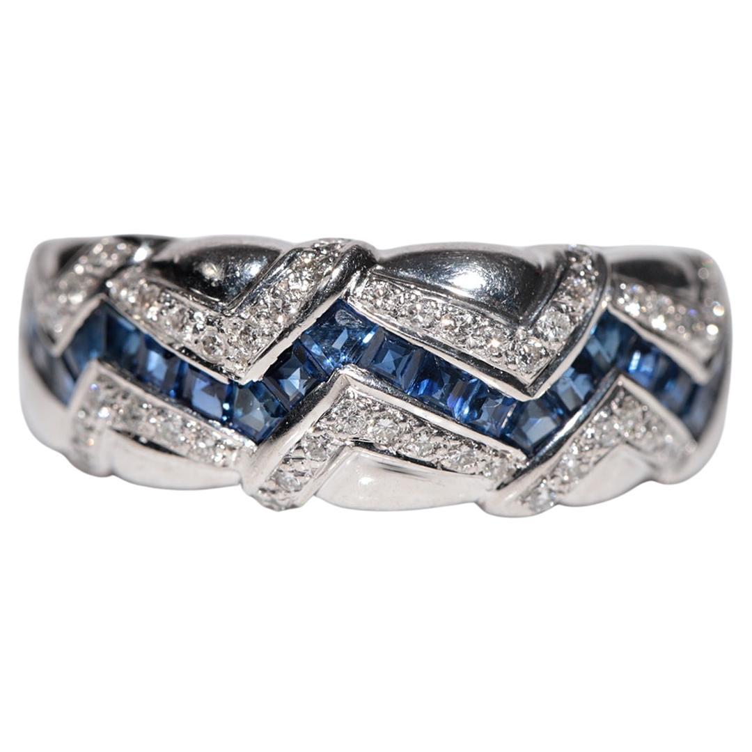 Vintage Circa 1990s 18k Gold Natural Diamond Baguette Cut Sapphire Ring