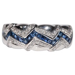 Vintage Circa 1990s 18k Gold Natural Diamond Baguette Cut Sapphire Ring