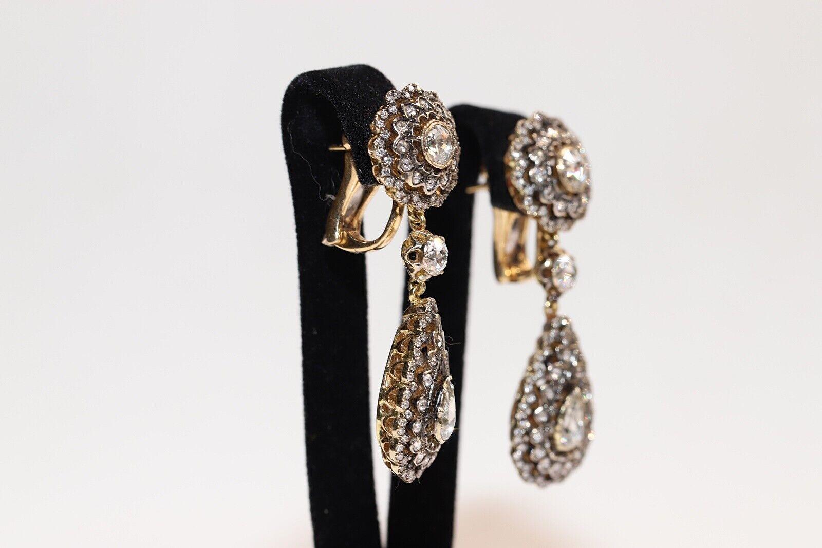 Retro Vintage Circa 1990s 18k Gold Natural Diamond Decorated Drop Earring  For Sale