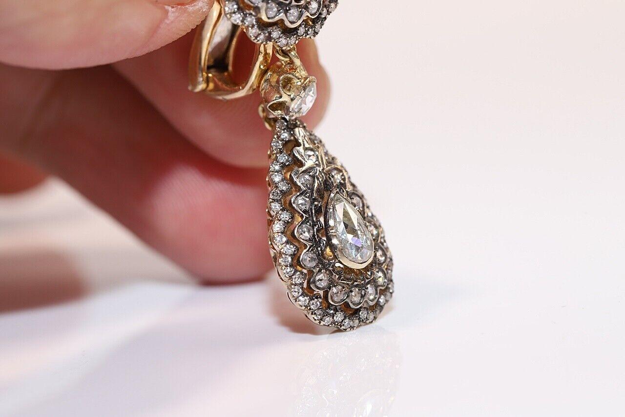 Vintage Circa 1990s 18k Gold Natural Diamond Decorated Drop Earring  In Good Condition For Sale In Fatih/İstanbul, 34