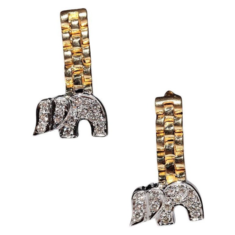 Vintage Circa 1990 Boucles d
oreilles pendantes éléphant en or 18k ornées de diamants naturels