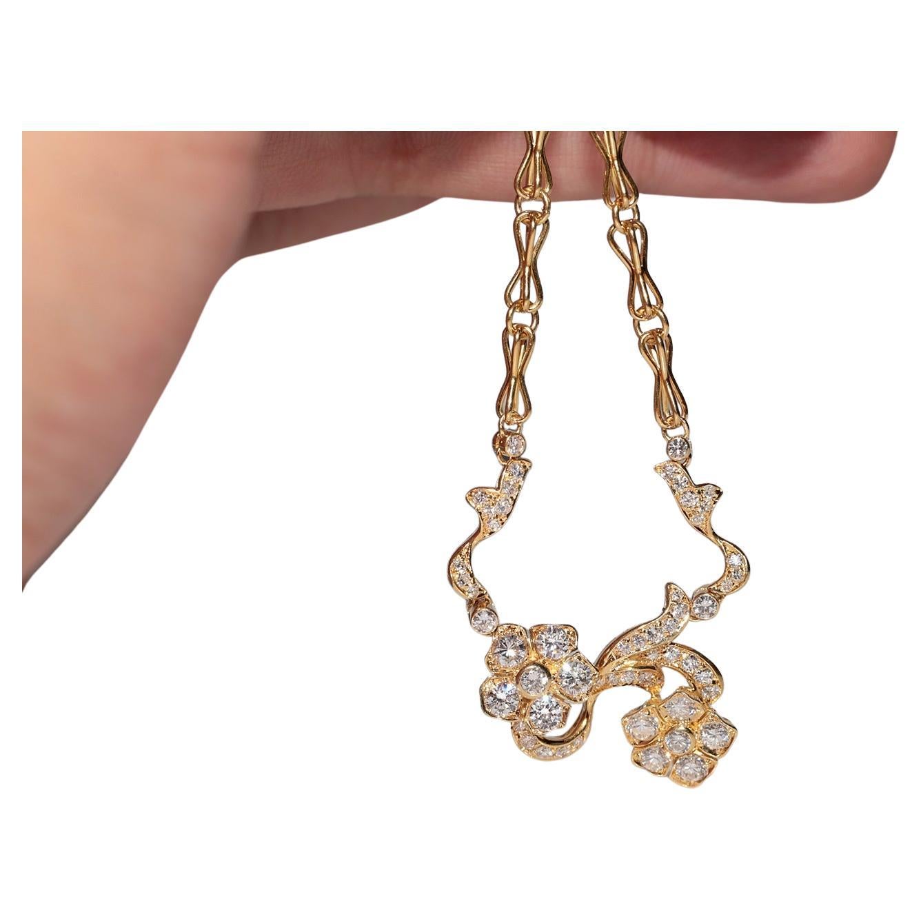Vintage Circa 1990er Jahre 18k Gold Natürlicher Diamant Dekorierte Blumen Halskette