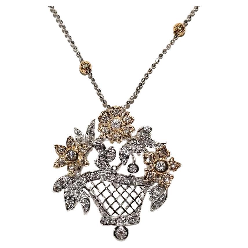 Vintage Circa 1990s 18k Gold Natural Diamond Decorated Flowers Pendant Necklace