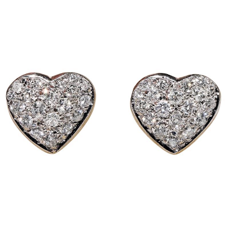 Vintage Circa 1990s 18k Gold Natural Diamond Decorated Heart Earring 