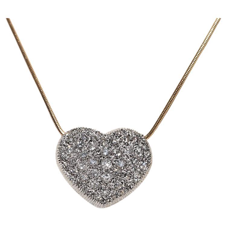Vintage Circa 1990s 18k Gold Natural Diamond Decorated Heart Pendant Necklace