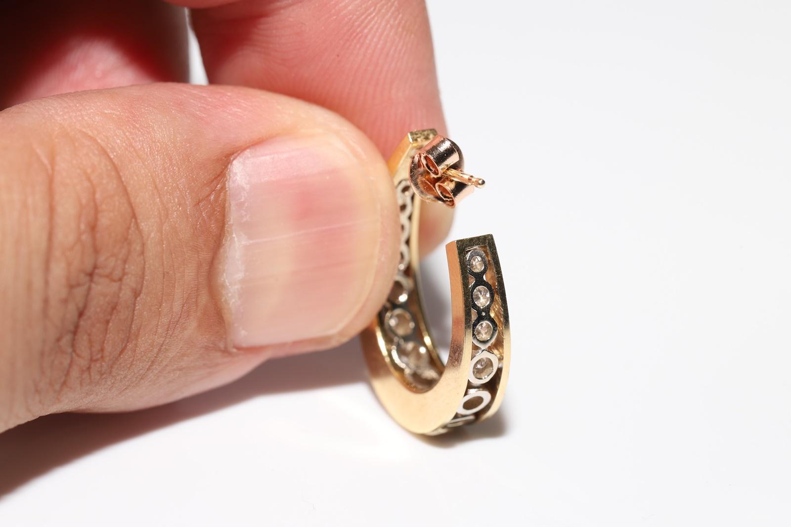 Vintage Circa 1990s 18k Gold Natural Diamond Decorated Hoop Earring For Sale 4