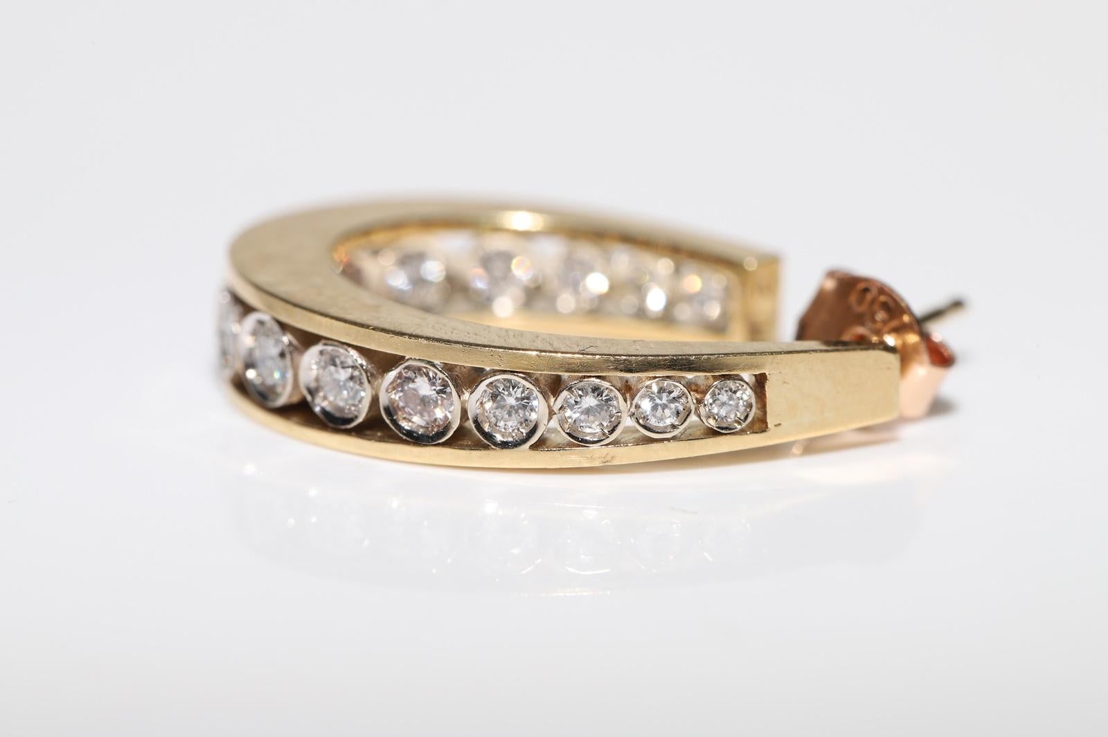 Vintage Circa 1990s 18k Gold Natural Diamond Decorated Hoop Earring For Sale 10