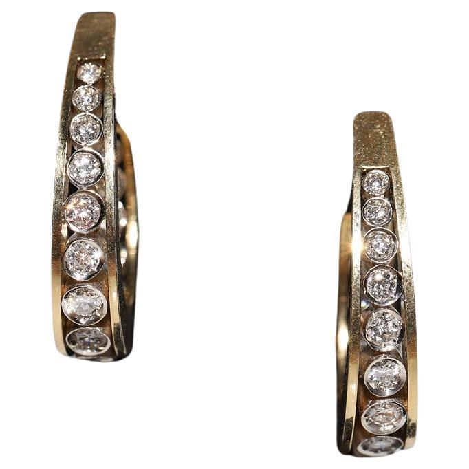 Vintage Circa 1990s 18k Gold Natural Diamond Decorated Hoop Earring
