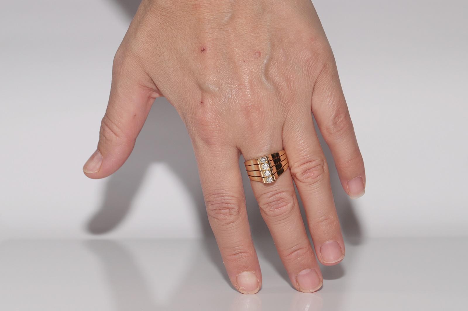 Vintage Circa 1990s 18k Gold Natural Diamond Decorated Tank Ring For Sale 5