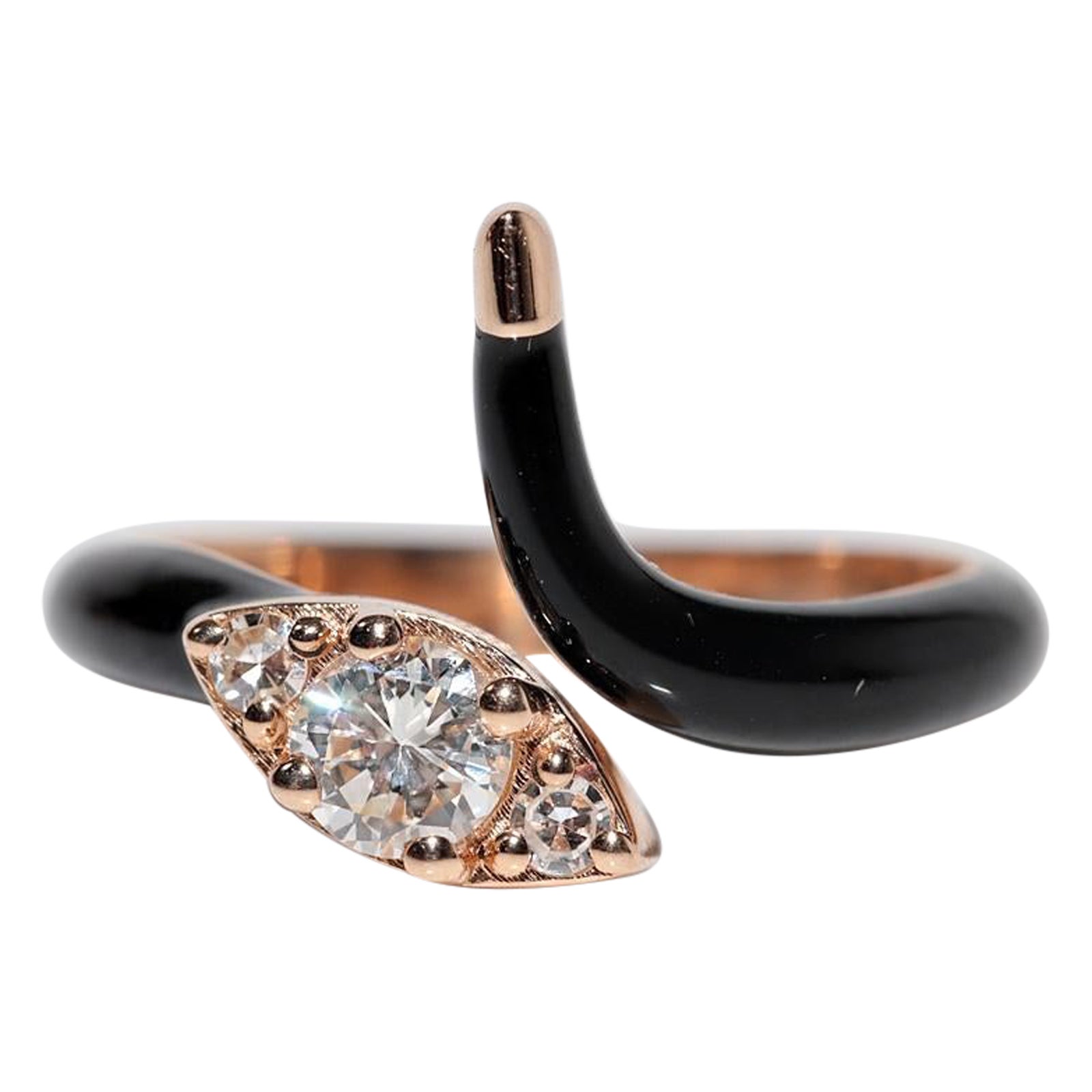 Vintage Circa 1990s 18k Gold Natural Diamond Enamel Snake Ring