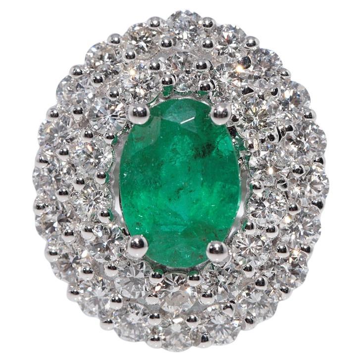 Vintage CIRCA 1990er Jahre 18k Gold natürlichen Diamanten Oval Cut Smaragd dekoriert Ring