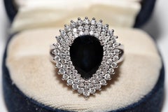 Vintage Circa 1990s 18k Gold Natural Diamond Pear Cut Sapphire Decorated Ring