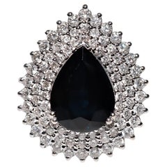 Vintage Circa 1990er Jahre 18k Gold Natürlicher Diamant Birnenschliff Saphir Dekorierter Ring