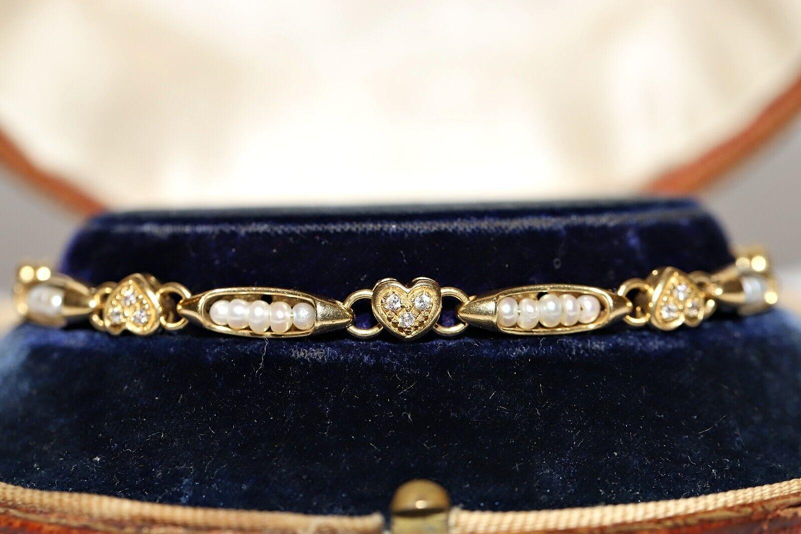 Vintage Circa 1990s 18k Gold Natural Diamond Pearl Decorated Tennis Bracelet For Sale 7