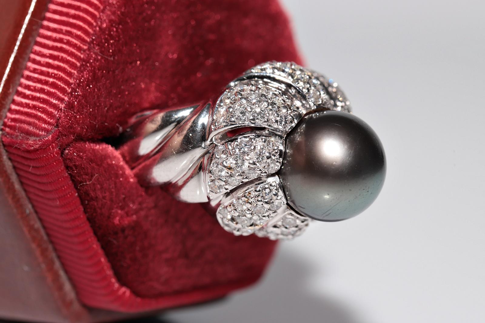 Vintage Circa 1990s Oro 18k Diamante Natural Perla Anillo Tanque Fuerte Retro en venta