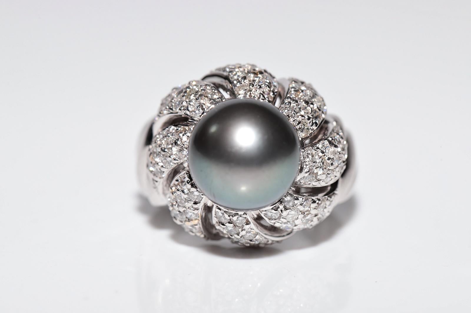 Vintage Circa 1990s Oro 18k Diamante Natural Perla Anillo Tanque Fuerte Corte brillante en venta